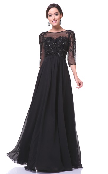A-Line Floor-Length Bateau Half Sleeve Chiffon Illusion Dress With Beading