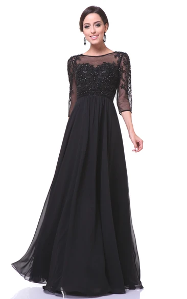 A-Line Floor-Length Bateau Half Sleeve Chiffon Illusion Dress With Beading