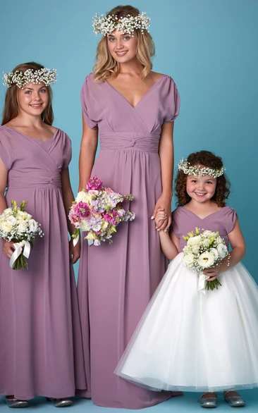 Ruched V-Neck Balloon Sleeve Chiffon Bridesmaid Dress