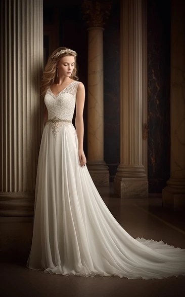 Empire Chiffon Greece Style V-neck Sleeveless Wedding Dress with Beadings
