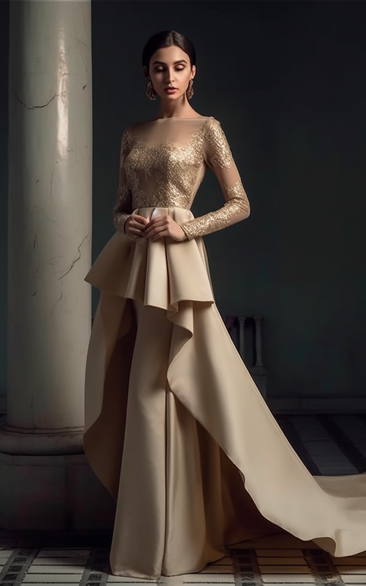 Elegant Champagne Long Sleeve Empire Formal Elegant Mother of Bride Dress with Peplum