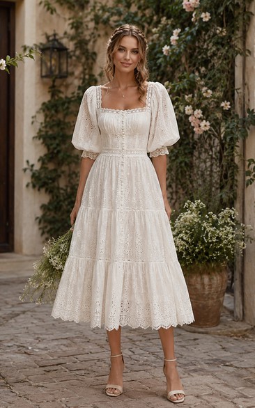 Boho Tea Length Eyelet Wedding Dress with Puff Sleeves, Square Neckline & Tiered Cottagecore Midi Skirt