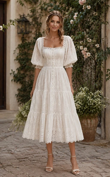 Boho Tea Length Eyelet Wedding Dress with Puff Sleeves, Square Neckline & Tiered Cottagecore Midi Skirt