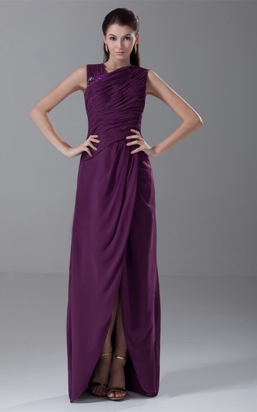 Sleeveless Front-Split Chiffon Beading and Dress With Ruching