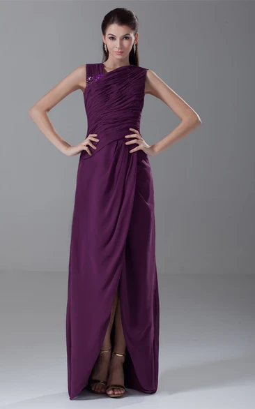 Sleeveless Front-Split Chiffon Beading and Dress With Ruching