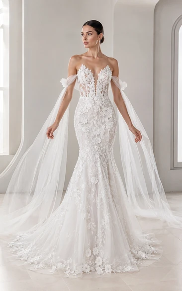 Robe de mariée sirène en dentelle à épaules dénudées et traîne cape