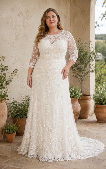Robe de mariée fourreau en dentelle à manches longues et traîne, grande taille, style pudique.