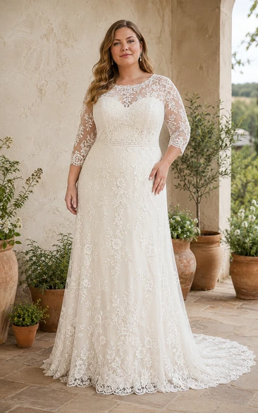 Robe de mariée fourreau en dentelle à manches longues et traîne, grande taille, style pudique.