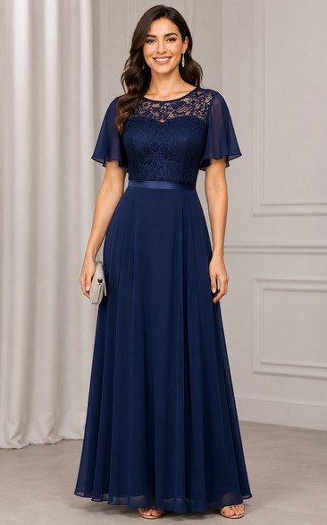 Chiffon Mother of the Bride Dress in Dark Navy, Bateau A-Line Floor-Length Gown with Lace and Sash/Ribbon