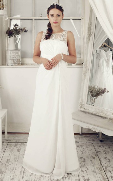 Sheath Empire Sleeveless Beaded Bateau Long Chiffon Wedding Dress With Illusion Back