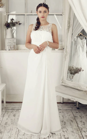 Sheath Empire Sleeveless Beaded Bateau Long Chiffon Wedding Dress With Illusion Back