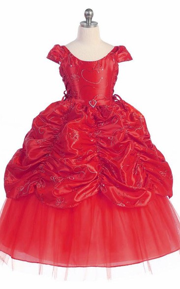 Ankle-Length Tiered Embroideried Lace&Taffeta Flower Girl Dress With Broach