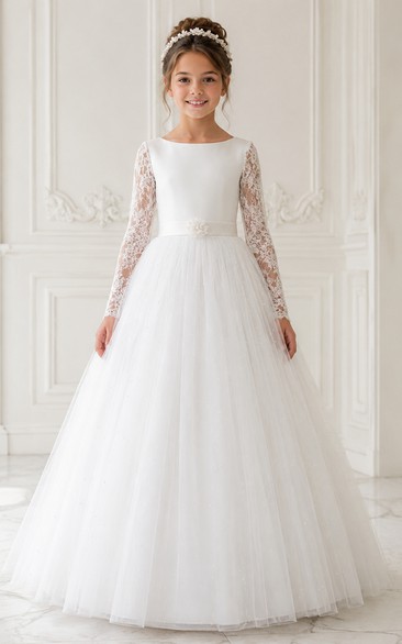 Long Sleeve Lace Sleeve White Tulle First Communion Ball Gown