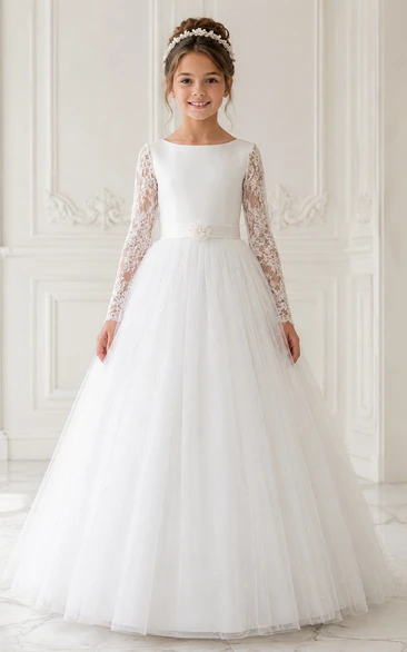 Long Sleeve Lace Sleeve White Tulle First Communion Ball Gown
