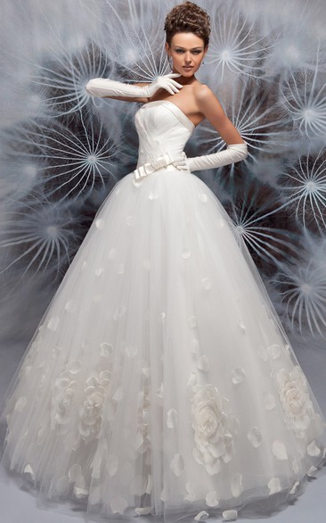 Strapless Long Floral Ruched Tulle Wedding Dress With Bow And Corset Back