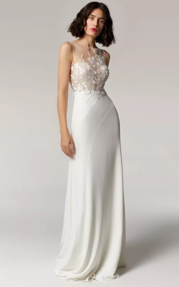 Casual Sleeveless Bateau-neck Sheath Chiffon Simple Wedding Dress with Illusion Lace Top