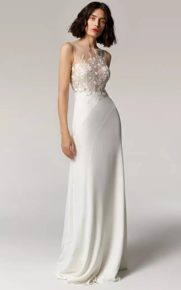 Casual Sleeveless Bateau-neck Sheath Chiffon Simple Wedding Dress with Illusion Lace Top