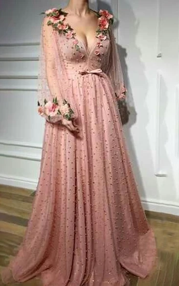 Sexy Blush Plunged Puff-long-sleeve Pleated Floral Formal Evening Dress