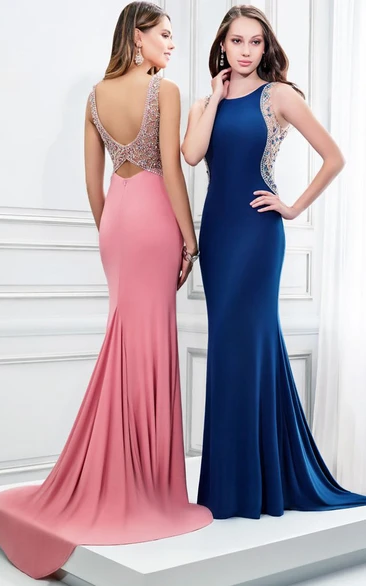 Floor-Length Sheath Sleeveless Scoop Neck Beaded Jersey Prom Dress