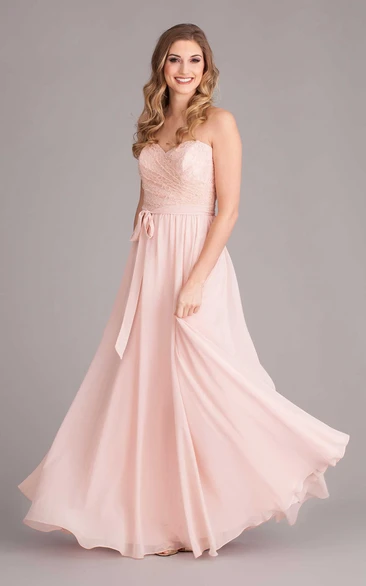 Maxi Sleeveless Lace Sweetheart Chiffon Bridesmaid Dress With Bow