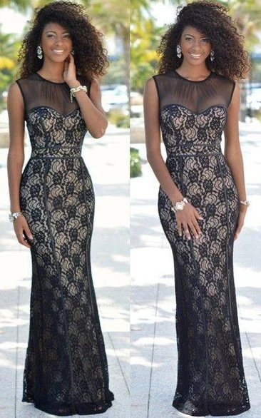 Chic Illusion Mermaid Black Lace Tulle Prom Dress Sleeveless