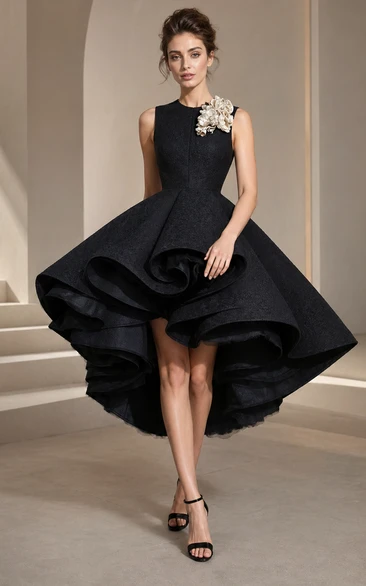 Black Formal Gothic High-low Ruffled Multi-layer Jewel-neck Cocktail Prom Wedding Dress
