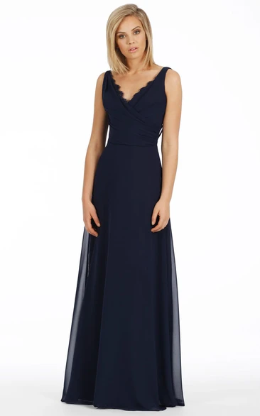 A-Line Sleeveless V-Neck Floor-Length Chiffon Bridesmaid Dress With Low-V Back