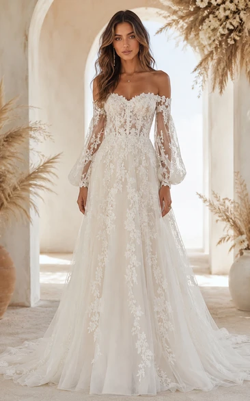 Boho Off-the-Shoulder Lace Wedding Dress with Long Bishop Sleeves, Corset Bodice & Romantic A-Line Train