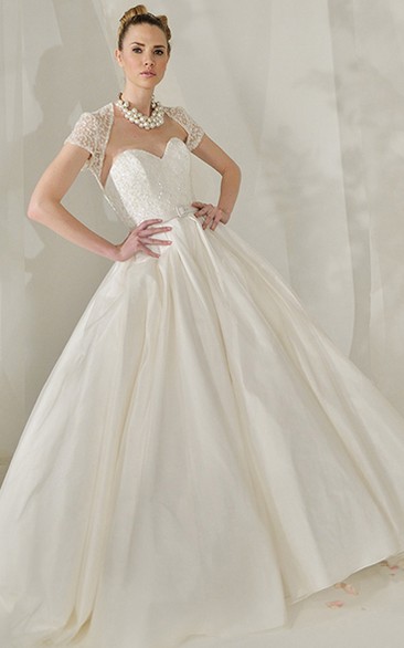A-Line Sweetheart Beaded Maxi Cap-Sleeve Satin Wedding Dress With Illusion Back