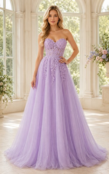 Lavender Floral Applique Tulle A-Line Prom Gown with Sweetheart Bodice