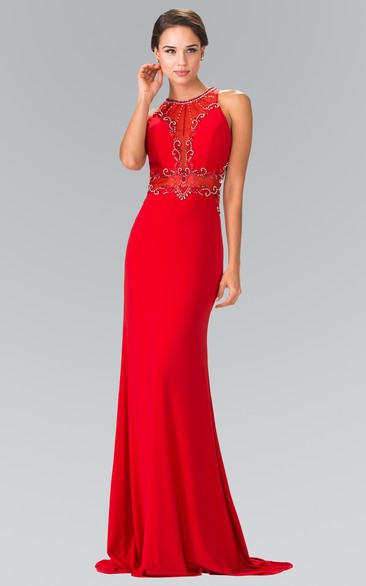 Sheath Jewel-Neck Sleeveless Jersey Illusion Dress With Beading