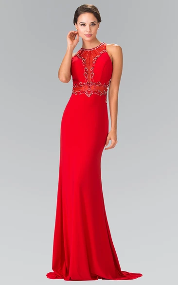 Sheath Jewel-Neck Sleeveless Jersey Illusion Dress With Beading