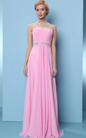 A-Line Sleeveless Beaded Scoop-Neck Long Chiffon Bridesmaid Dress With Ruching