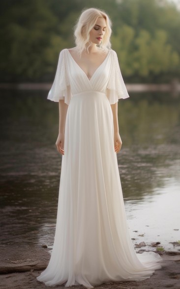 V-neck Poet Sleeve Chiffon Empire Sheath Pleated Wedding Dress