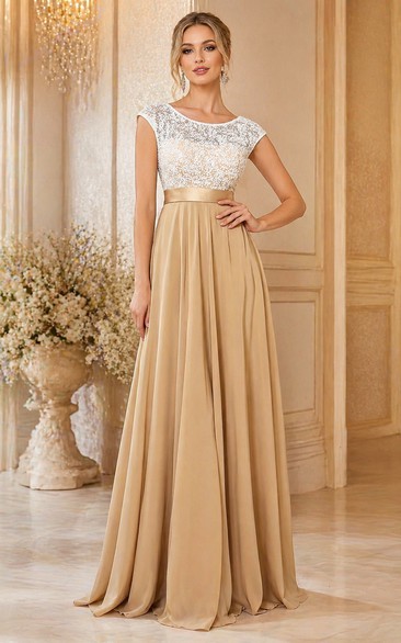 A-line Bateau Cap Short Sleeve Floor-length Jersey Lace Dress