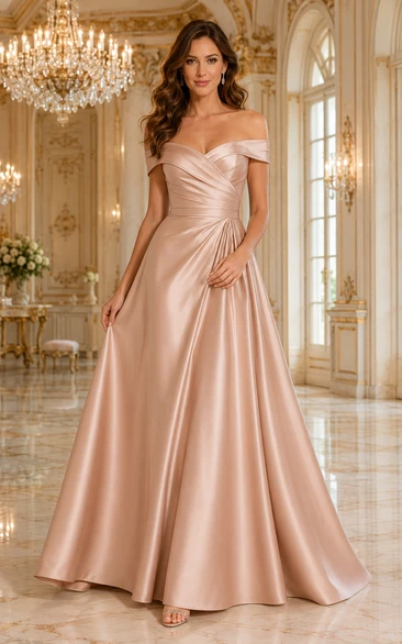 Vestido formal de satén rosa palo con escote Bardot y corte en A, con corpiño plisado, ideal para damas de honor.