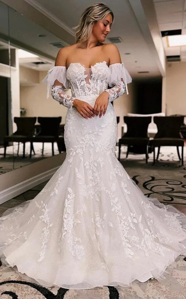 Lace Off-the-shoulder Illusion Sleeve Mermaid Applique Wedding Dress