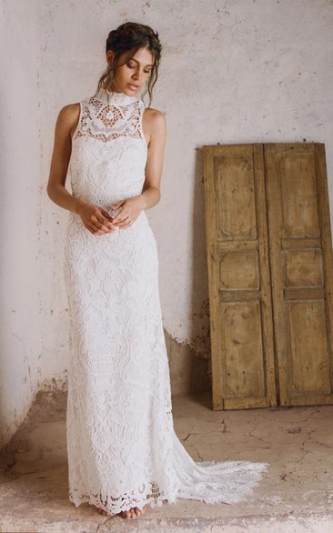 Boho Lace Sheath High Neck Beach Wedding Dress with Keyhole Back