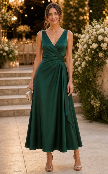 Dark Green V-neck Satin Wrap Tea-length A-Line Dress