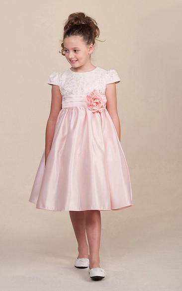 Tea-Length Floral Cap-Sleeve Tiered Lace&Satin Flower Girl Dress