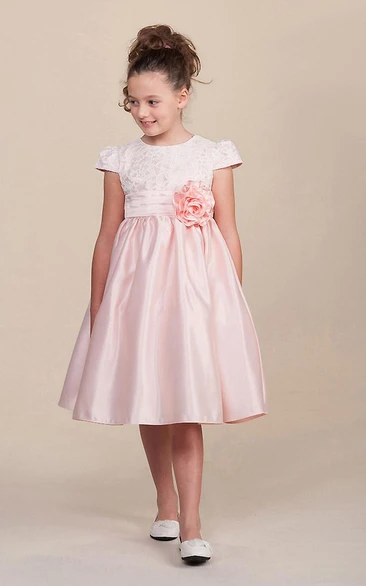 Tea-Length Floral Cap-Sleeve Tiered Lace&Satin Flower Girl Dress