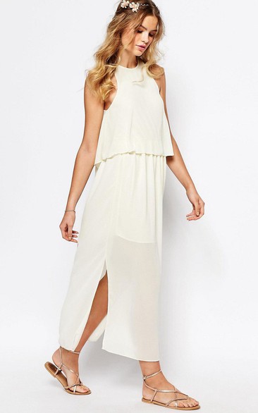 Tea-Length Pleated High Neck Sleeveless Chiffon Bridesmaid Dress With Split