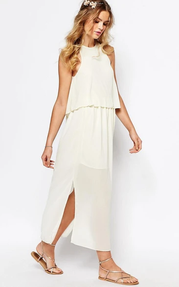 Tea-Length Pleated High Neck Sleeveless Chiffon Bridesmaid Dress With Split