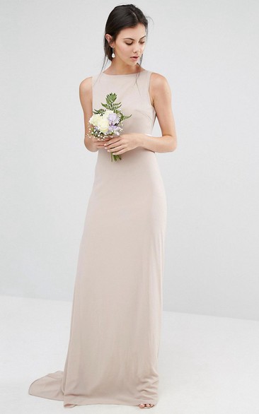 Sheath Floor-Length Jewel Neck Sleeveless Bowed Chiffon Champagne Bridesmaid Dress