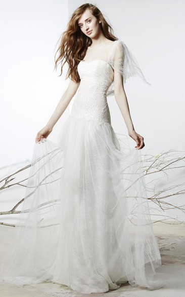 A-Line Lace Strapless Poet-Sleeve Floor-Length Tulle Wedding Dress With Low-V Back And Sweep Train