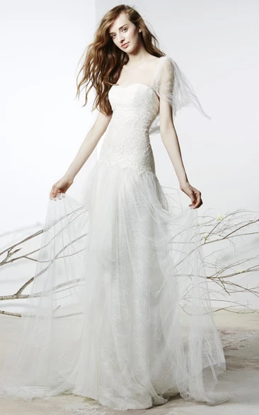A-Line Lace Strapless Poet-Sleeve Floor-Length Tulle Wedding Dress With Low-V Back And Sweep Train