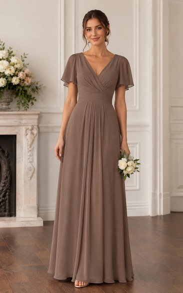 Taupe V-Neck Short Sleeve Chiffon A-Line Bridesmaid Dress