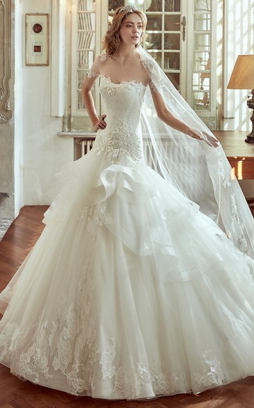 Strapless Long Wedding Dress with Lace Corset and Multi-Tiers Ruffles