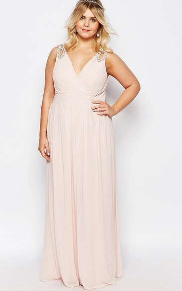 Maxi Beaded V-Neck Sleeveless Chiffon Bridesmaid Dress