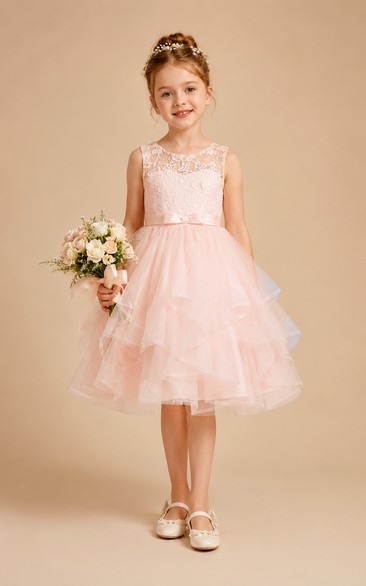 Blushing Pink Tea-Length A-Line Lace Flower Girl Dress with Ruffles